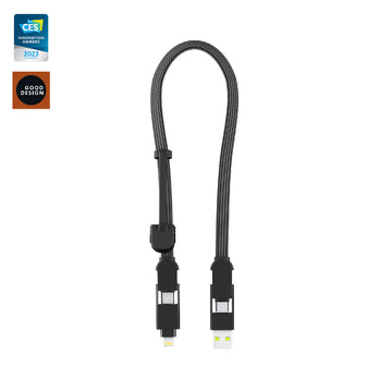 inCharge® XL 30cm / 1ft - 100W, 6in1 travel cable - Urban Black - Black 30cm multi-connector USB-C to USB-C 6-in-1 charging and data cable with braided finish. - Rolling Square